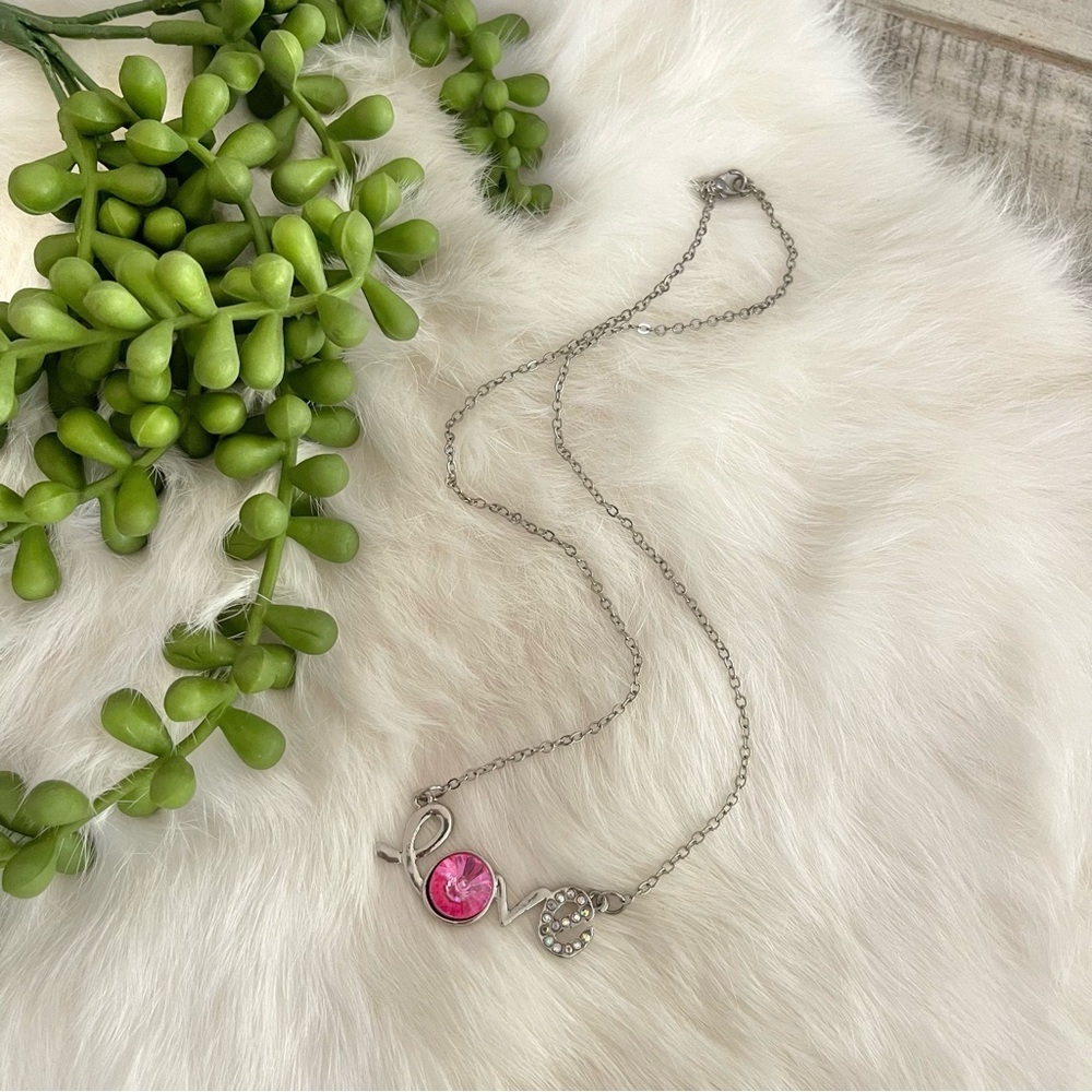 Rhinestone Love Pendant Necklace Silver Tone